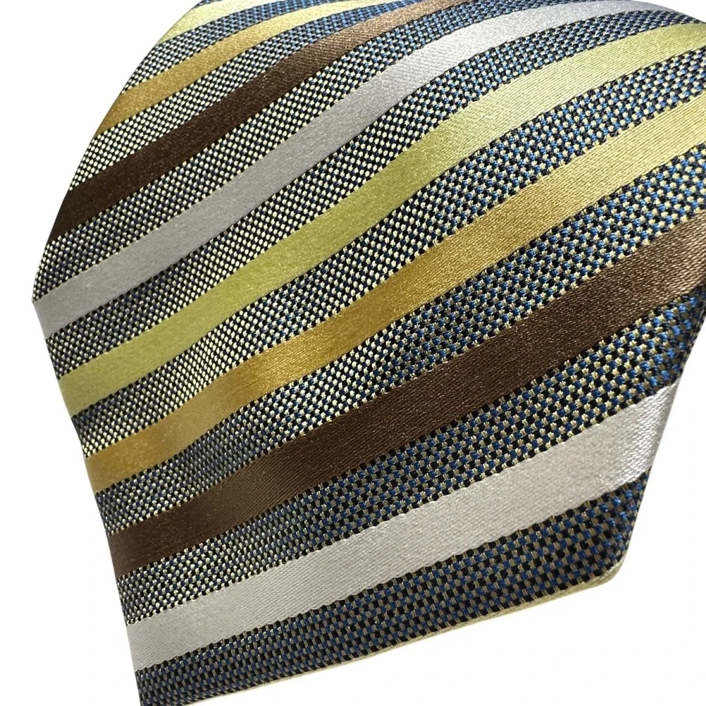 Bergamo New York Mens‎ Striped Necktie Gold Brown Silver Blue Woven Polyester
